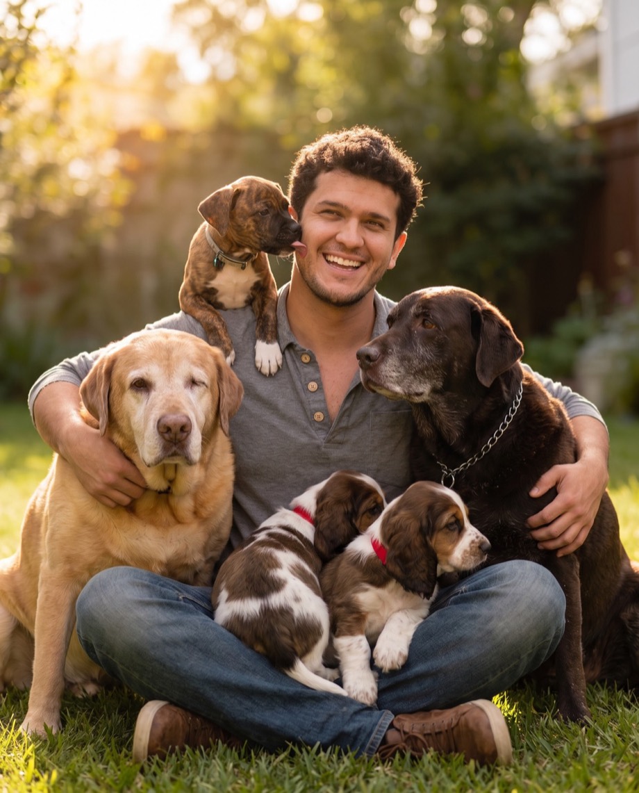 Alejandro, founder of BusinessWorkflow.ai, surrounded by his dogs
